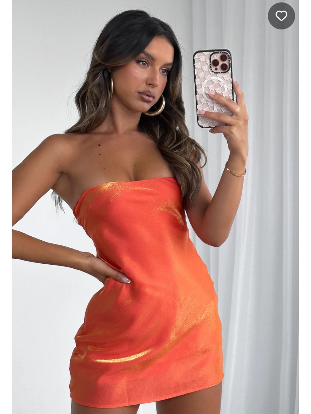 White Fox Boutique Orange Metallic Strapless Satin Mini Dress